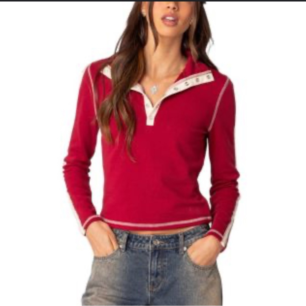 Red Long Sleeve Polo Top